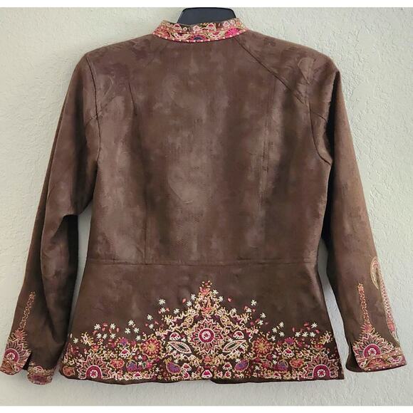 JACKET-COLDWATER CREEK-Brown-Suede Look-Embroidery-Long Sleeves-Button Up-Sz 12 - Picture 2 of 16